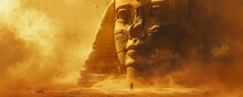 Sphinx, Stone Guardians, Mysterious Creature Guarding The Entrance Of An Ancient Pyramid, Sandstorm, Realistic Painting, Silhouette Lighting, Vignette