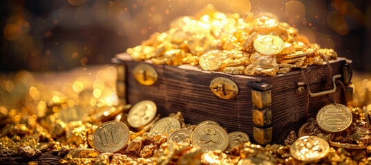 Poster - Gold chest treasure box. Generative AI technology.