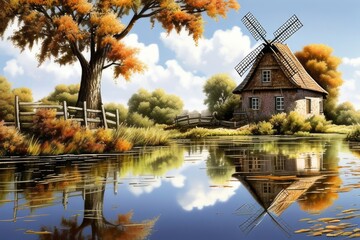 Old wooden mill against the backdrop forest painting