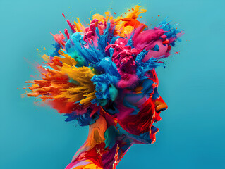 3D clean depiction of a mind in creative overdrive colors bursting from the head in vivid splendor