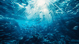 Fototapeta Do akwarium - underwater coral reef landscape wide panorama background in the deep blue ocean with colorful fish and marine life