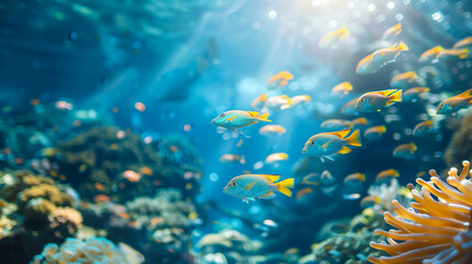 Poster - underwater coral reef landscape wide panorama background in the deep blue ocean with colorful fish and marine life