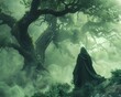 Druid, green robe, ancient mystic, exploring a hidden grove of sacred oak trees Mist swirling around 3D Render, Silhouette lighting, Vignette