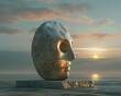 Sculpture, poetry, film merger, words carved in stone brought to life onscreen, a harmonious blend of the tangible and intangible, provoking emotions and thoughts 3D render, golden hour, Vignette