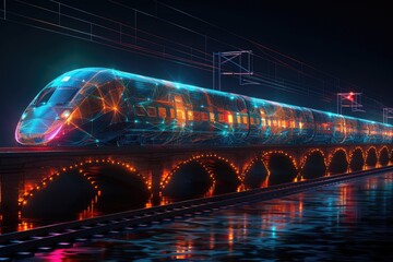 Wall Mural - High-Speed Train Journey Through a Futuristic Landscape 3D Low Poly Illustration with Black Isolation and Blue Particles on Rail Bridge – Concepts Include Transport, Tourism, Logistics, and Traveling