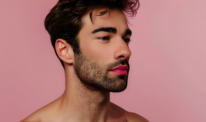 handsome shirtless man wearing lipstick isolated pink background and lgbt flag