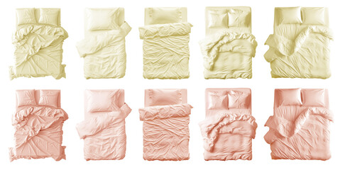 2 Collection set of pastel light yellow orange blank blanket, pillows, comforter duvet bedding double king queen single bed top view on transparent cutout, PNG file. Many design. Mockup template