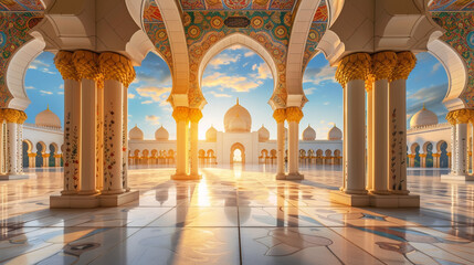 a mosque in abu dhabi at sunset time