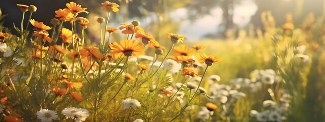 Wall Mural - meadow flowers in early sunny fresh morning. Vintage autumn landscape background. colorful beautiful fall flowers magical