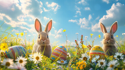 Wall Mural - Easter landscape, bunnies with colorful eggs and daisy flower on meadow under beautiful sky.