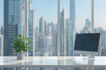 Poster - Modern workspace with a city view, featuring a computer and plant.