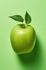 Wall Mural - One green apple with leaves on green background.