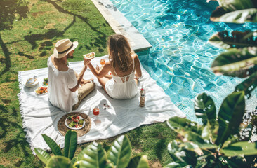 Canvas Print - A young couple having an outdoor picnic in the garden of their luxury home, with a swimming pool and lawn, on a sunny day