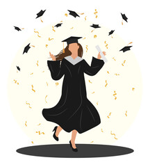 Wall Mural - Graduation ceremony, happy jumpung graduate student with diploma on background of confetti and throwed graduation caps. Vector illustration