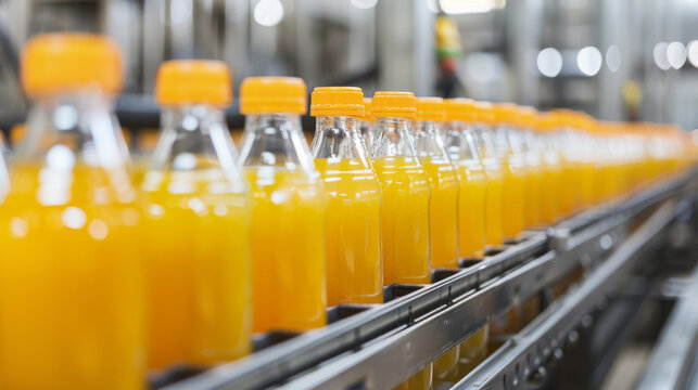 Line of bottling of orange fruit juice bottles on clean light factory with closeup view on the sweet drink bottle