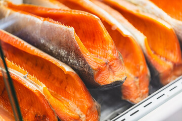 Canvas Print - Salmon fillet on display in a supermarket - selective focus point