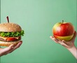 © Adobe-shop - Contrast between unhealthy and healthy choices: Burger and apple held in separate hands against a verdant backdrop. Dilemma between fast food and fresh produce.