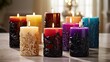 Highlight the decorative charm of candles, with ornate designs, intricate patterns, and vibrant colors that add a touch of elegance and sophistication to any decor.