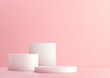 3D three white cylindrical podium pedestals stand on a soft pink background