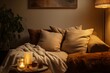 Th snug corner photographed from a close perspective, showcasing the warm glow of ambient lighting against textured cushions and a soft rug, with the rest of the room gently blurred, creating a sense 