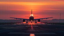Commercial Airplane On Runway At Sunrise. Commercial Airplane Prepares For Takeoff On A Runway, With The Sunrise Directly Behind It Creating A Stunning Silhouette.