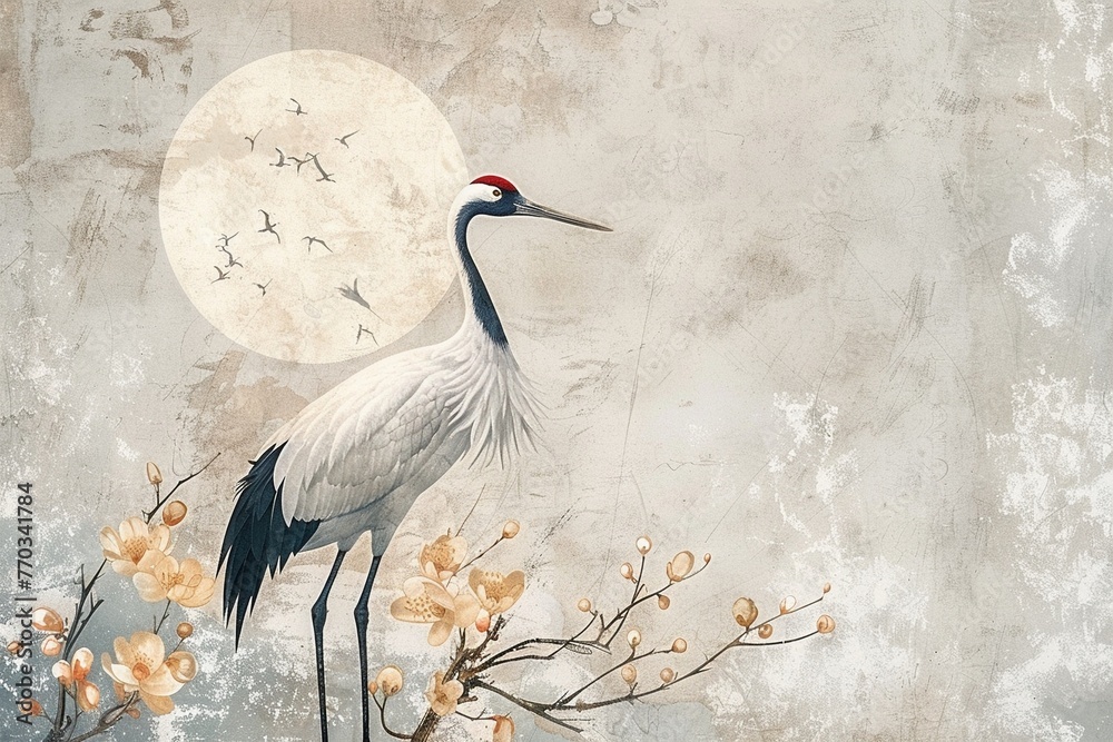 Elegant Crane Illustrations In Japanese Style Subtle Background 
