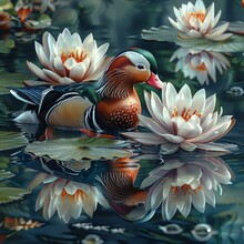 Elegant Mandarin Ducks With Water Lilies Illustration, Tranquil Pond Scene, Poster With Green Hues , High Resolution DSLR, 8K, High Detailed, Super Detailed , Ultra HD, 8K Resolution , Up32K HD