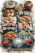 Set of traditional Japanese food, watercolor handpainted, including sashimi and mochi, culinary illustrations , high resolution DSLR, 8K, high detailed, super detailed , ultra HD, 8K resolution , up32