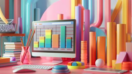 Poster - business finance 3d illustration, financial data analysis, business funds audit, growth chart 