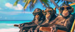 Adorable monkeys, donning trendy sunglasses, recline on sun loungers, soaking up the sun's warmth on a picturesque tropical beach.