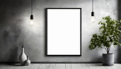 Wall Mural - White blank poster with frame mock-up on grey wall. Generative AI.