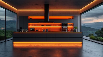 Poster - Sleek Modern Kitchen With Illuminated Countertop and Mountain View