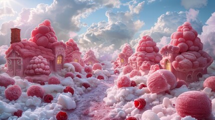 Flood of blue raspberry slush overwhelming a candy village