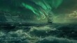 Auroras luminescent caress over a sailboat at sea where glowing waves lap against the hull guiding the way