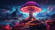 Image of a giant mushroom house on a hilly plateau, bright colors, neon tones