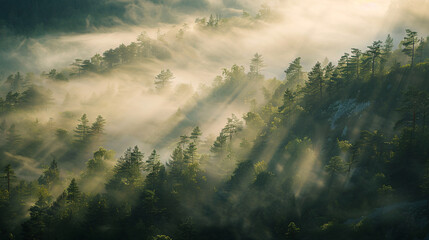 Wall Mural - Thick fog covers green dense forest, amazing morning concept