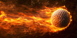 A golf ball enveloped in flames, streaking through the air with speed and heading towards impact.