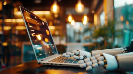 Poster - A robotic hand is actively typing on a laptop keyboard, showing advanced technology in action