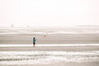 Kites and people on the white sandy sea beach.Flying kites on the seashore.Sea recreation and vacation.People fly a kite on the seashore on a cloudy day.Frisian Islands.Fer Island.Germany.
