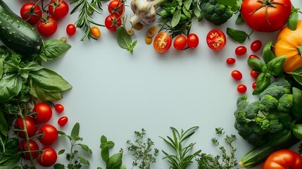 Frame with tomatoes and fresh herbs on light green background. Agriculture, farming and organic food concept. Top view for sign design, poster, banner with copy space