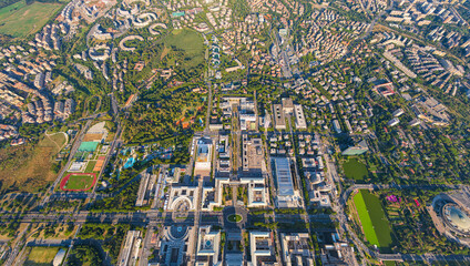 Rome, Italy. World Exhibition Quarter - EUR. Panorama of the city on a summer morning. Sunny weather. Aerial view