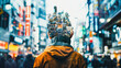A person walking through a busy city street, but their head is replaced by an intricate model of a bustling cityscape, representing the complexity of thoughts influenced by urban life