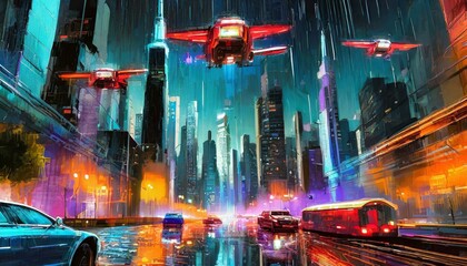 Wall Mural -  A digital illustration of a futuristic city skyline at night with neon lights and flying car