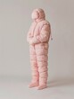 a pink man is standing in a stuffed down jacket, in the style of brooke didonato, minimalist designs, childlike innocence, majismo, warmcore, minimalist sets, ecofriendly craftsmanship