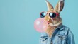 A beautiful rabbit in a denim shirt and shades blowing a pink air pocket gum bubble on blue background