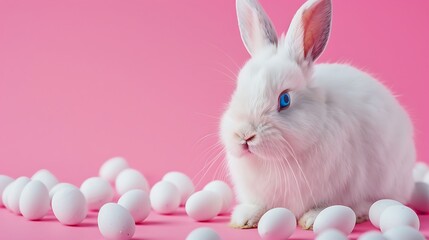 Wall Mural - a blue eyed white easter rabbit before pink background and little hidden treats