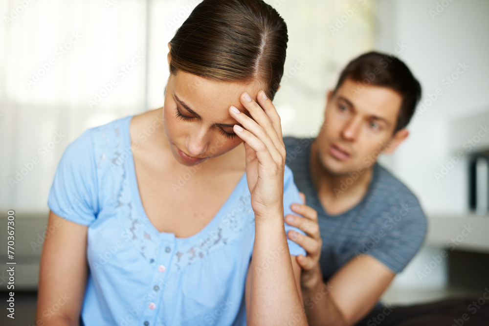 Couple, stress and fight in home with argument or angry with apology ...