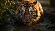 Bengal tiger stalking prey in forest environment
