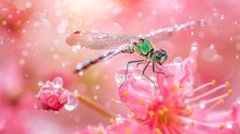 A Green Dragonfly Sitting On Top Of A Pink Bloom With Drops Of Water On A Pink Background