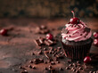 chocolate cupcake topped with pink frosting, a maraschino cherry, and chocolate flake